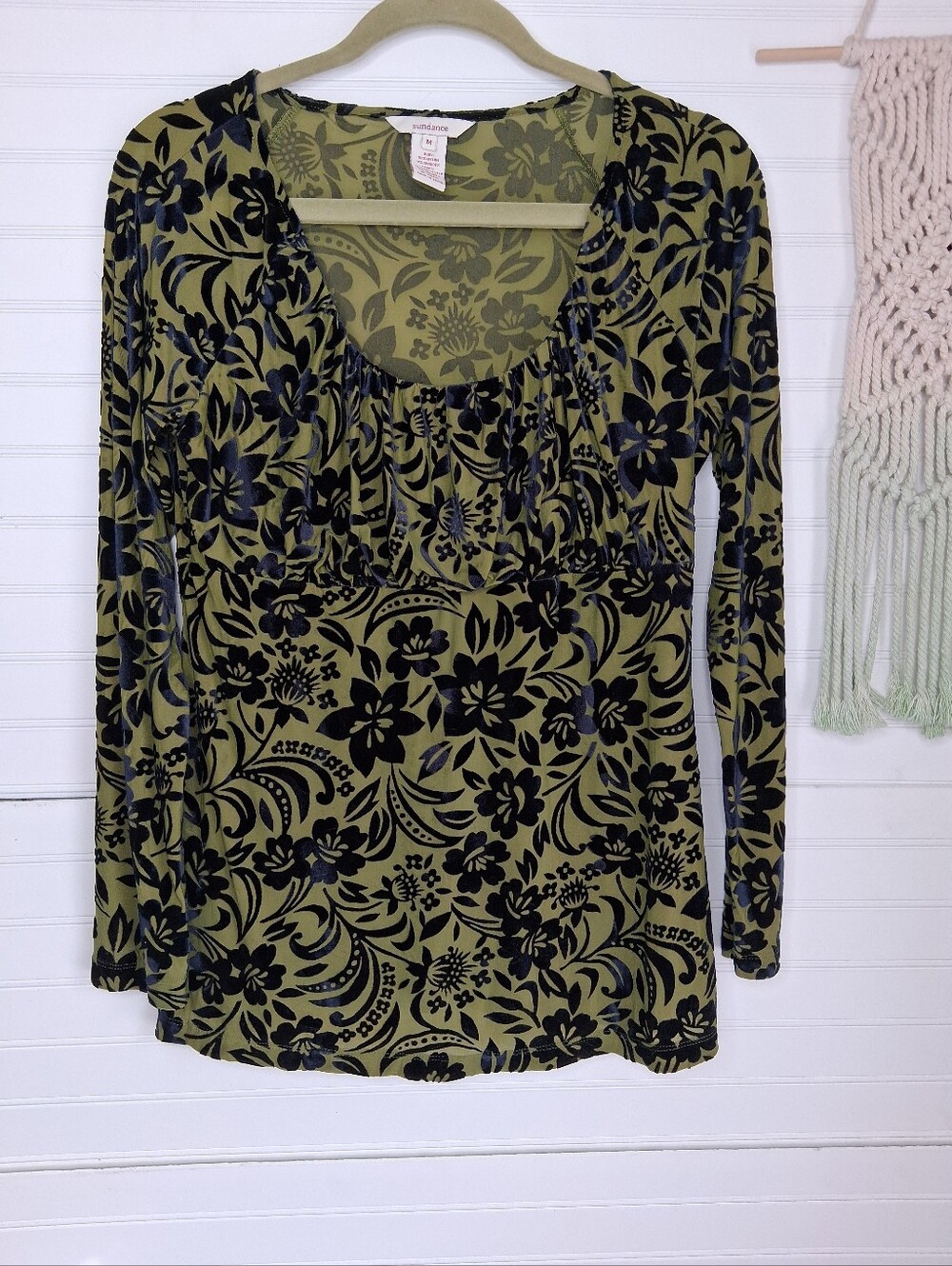 Sundance Olive Green & Purple Black Velvet Floral Burnout Scoop-Neck Top Sz M